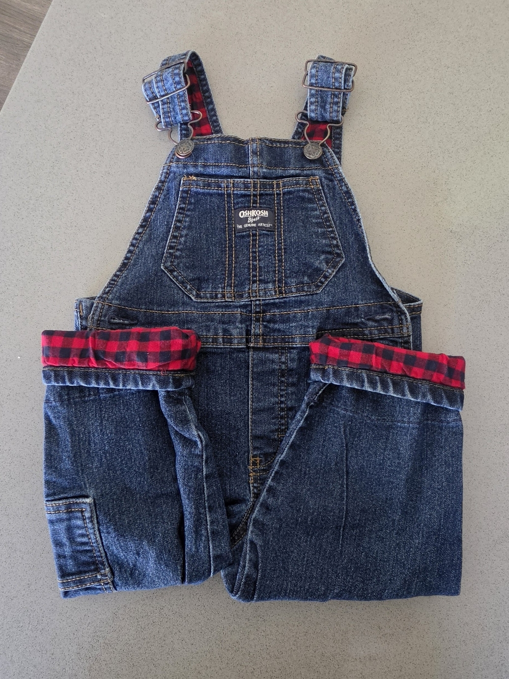OshKosh B'gosh Blue Denim Overalls with Red Plaid Cuffs